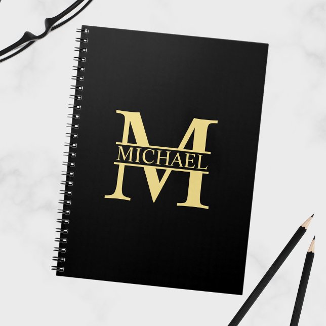 Black and Gold Personalized Monogram and Name Notebook (Creator Uploaded)