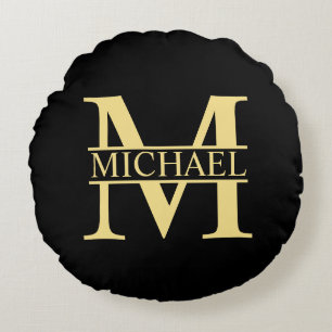Black and Gold Personalized Monogram and Name Round Pillow