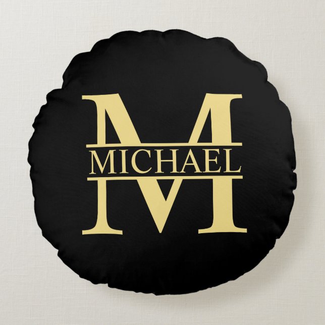 Black and Gold Personalized Monogram and Name Round Pillow (Front)