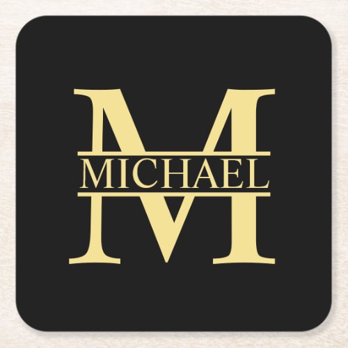 Black and Gold Personalized Monogram and Name Square Paper Coaster