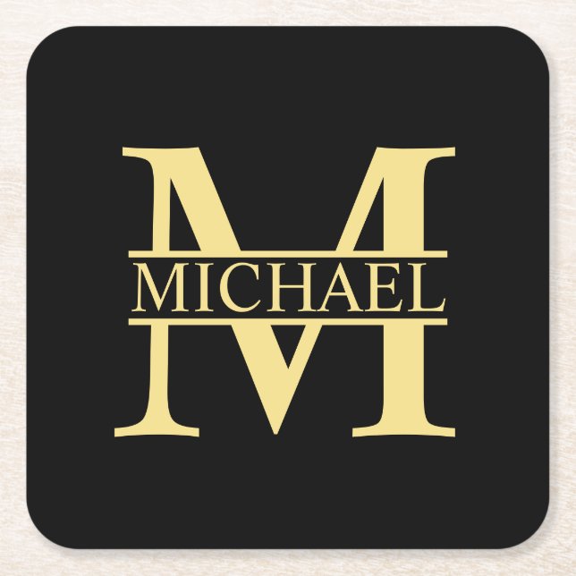 Black and Gold Personalized Monogram and Name Square Paper Coaster (Front)