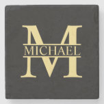 Black And Gold Personalized Monogram And Name Stone Coaster at Zazzle