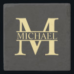 Black and Gold Personalized Monogram and Name Stone Coaster<br><div class="desc">Personalized Monogram and Name Gifts featuring gold personalized monogram in classic serif font style with box of name in the middle of monogram. Perfect as home decors, housewarming gifts, holiday gifts for family, newlyweds and more. Please note : The foil details are simulated in the artwork. No actual foil will...</div>