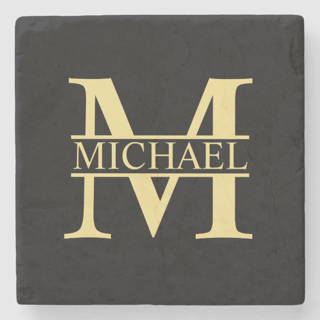 Black and Gold Personalized Monogram and Name Stone Coaster (Front)