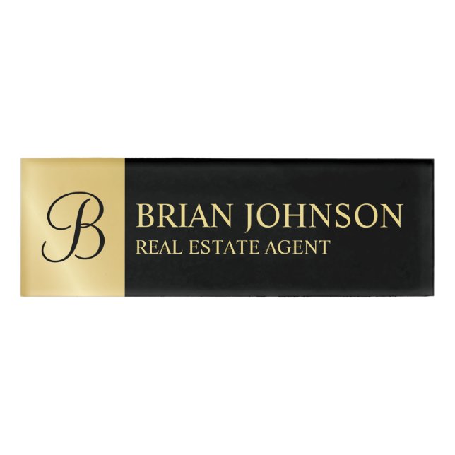 Black and Gold Personalized Monogram and Name Tag (Front)