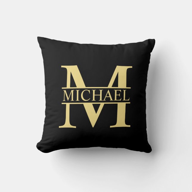 Black and Gold Personalized Monogram and Name Throw Pillow (Front)
