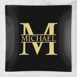 Black and Gold Personalized Monogram and Name Trinket Tray