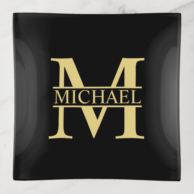 Black and Gold Personalized Monogram and Name Trinket Tray (Front)