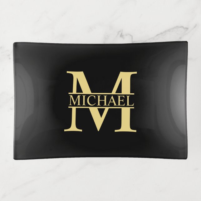 Black and Gold Personalized Monogram and Name Trinket Tray (Front)