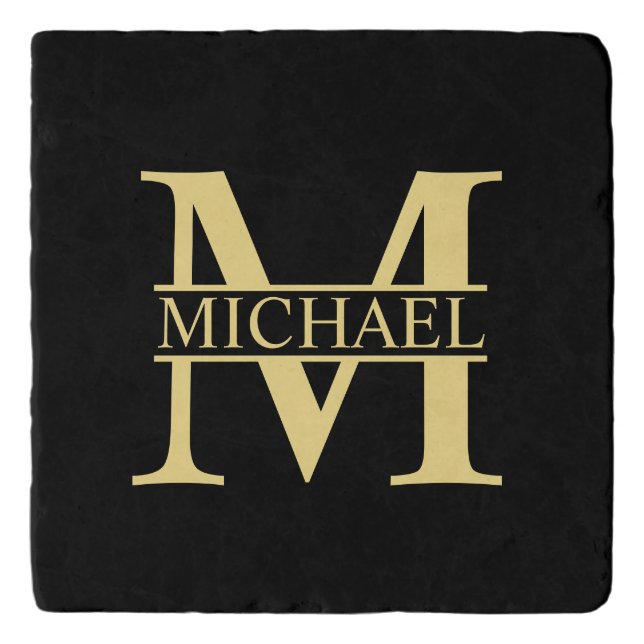 Black and Gold Personalized Monogram and Name Trivet (Front)