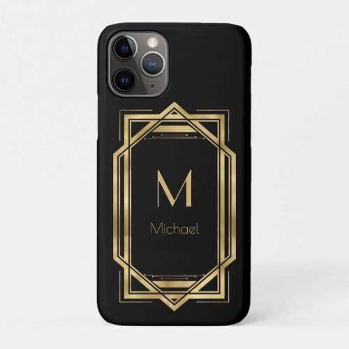 Black and Gold Personalized Monogram  Geometric iPhone 11 Pro Case