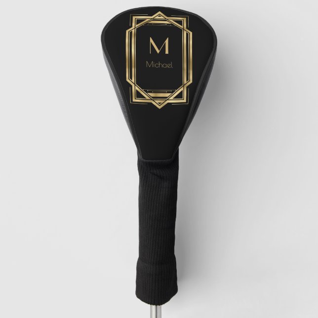 Black and Gold Personalized Monogram | Geometric Golf Head Cover (Front)