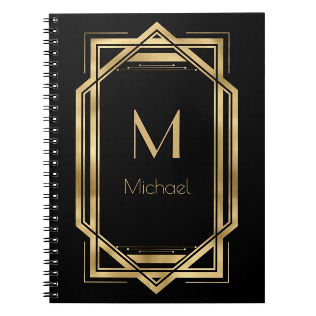 Black and Gold Personalized Monogram | Geometric Notebook (Front)