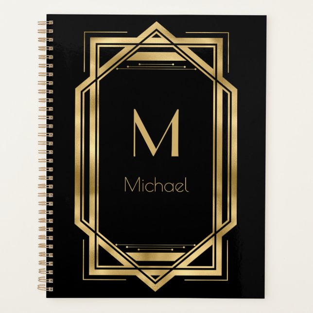 Black and Gold Personalized Monogram | Geometric Planner (Front)