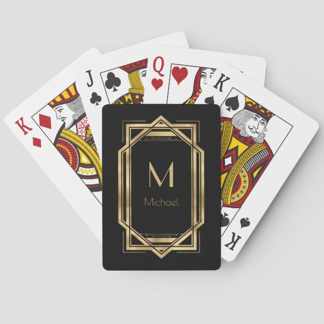 Black and Gold Personalized Monogram | Geometric Poker Cards (Back)