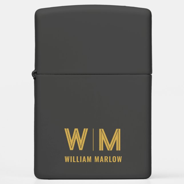 Black and Gold Personalized Monogram & Name Custom Zippo Lighter (Front)