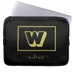 Black and Gold Personalized Monogram Name Laptop Sleeve