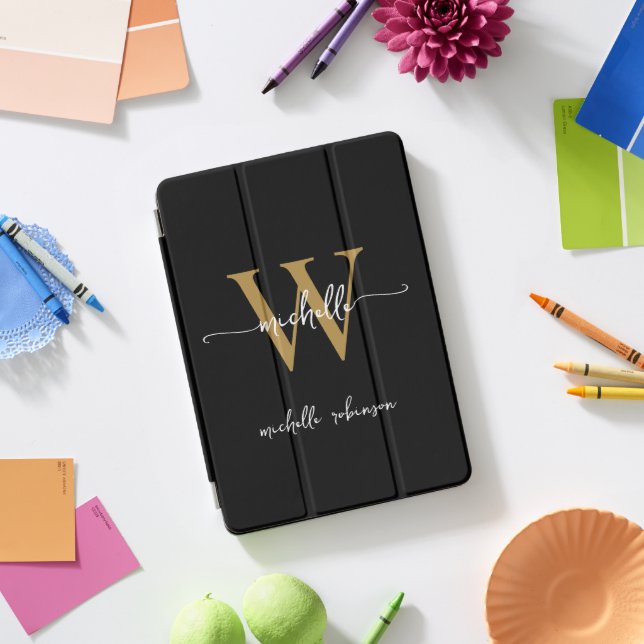 Black And Gold Personalized Monogram Name Script iPad Pro Cover (Desk)