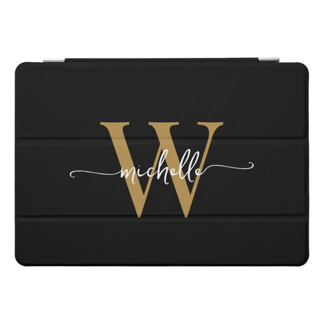 Black And Gold Personalized Monogram Name Script iPad Pro Cover (Horizontal)