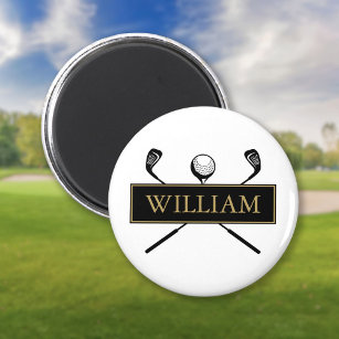 Black And Gold Personalized Name Golf Ball Clubs Magnet