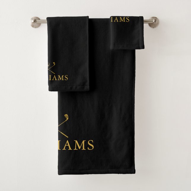 Black And Gold Personalized Name Golf Clubs Bath Towel Set (Insitu)