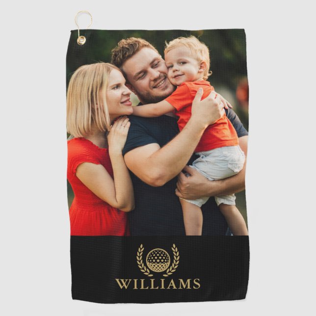 Black And Gold Personalized Name Monogram Photo Golf Towel (Front)
