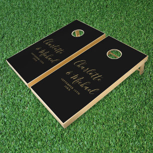Black And Gold Personalized Signature Script Cornhole Set