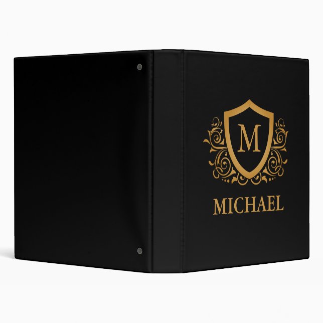 Black and Gold Personalized Stylish Monogram Name 3 Ring Binder (Background)