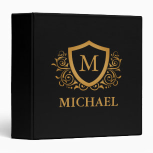 Black and Gold Personalized Stylish Monogram Name 3 Ring Binder