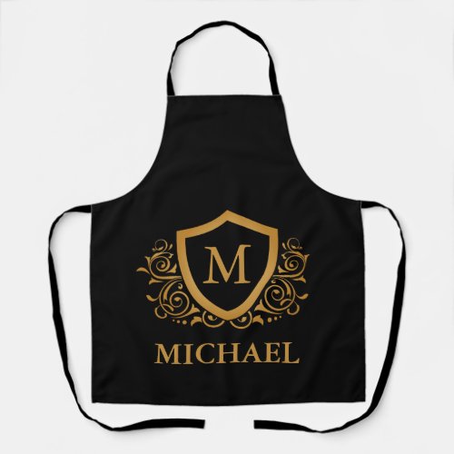 Black and Gold Personalized Stylish Monogram Name Apron