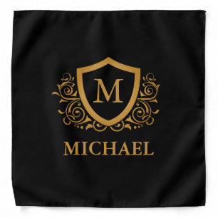 Black and Gold Personalized Stylish Monogram Name Bandana