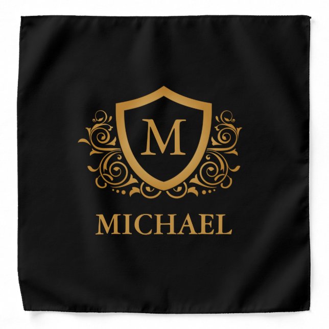 Black and Gold Personalized Stylish Monogram Name Bandana (Front)