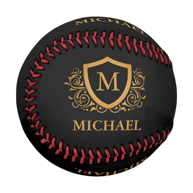 Black and Gold Personalized Stylish Monogram Name Baseball (Front Left)