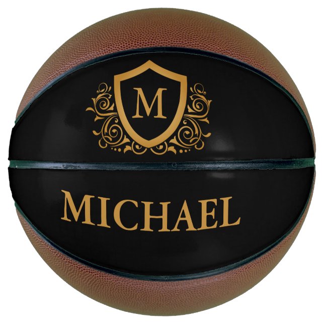 Black and Gold Personalized Stylish Monogram Name Basketball (Front)