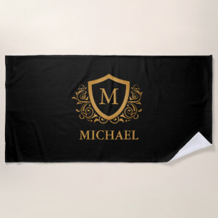 Black and Gold Personalized Stylish Monogram Name Beach Towel