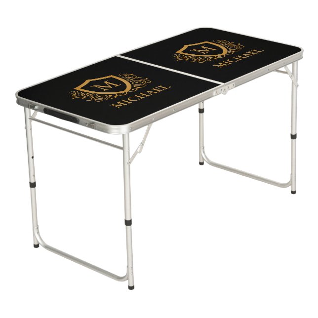 Black and Gold Personalized Stylish Monogram Name Beer Pong Table (Angled)