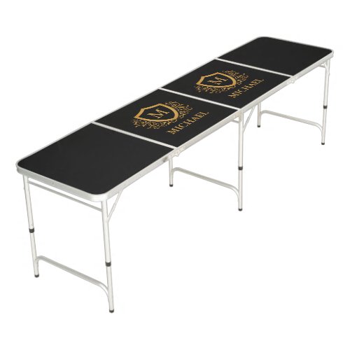 Black and Gold Personalized Stylish Monogram Name Beer Pong Table