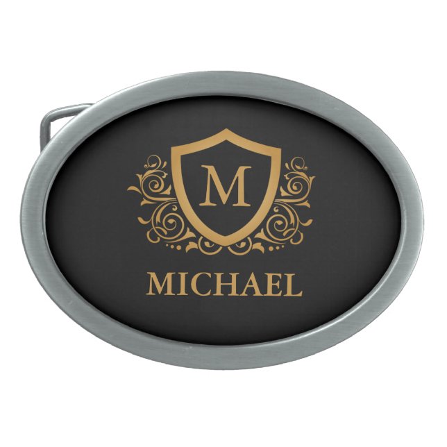 Black and Gold Personalized Stylish Monogram Name Belt Buckle (Front)