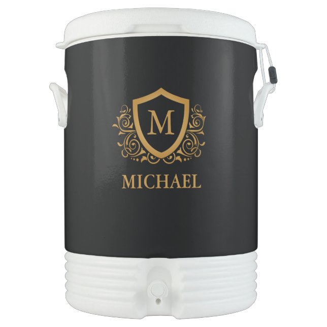 Black and Gold Personalized Stylish Monogram Name Beverage Cooler (Front)