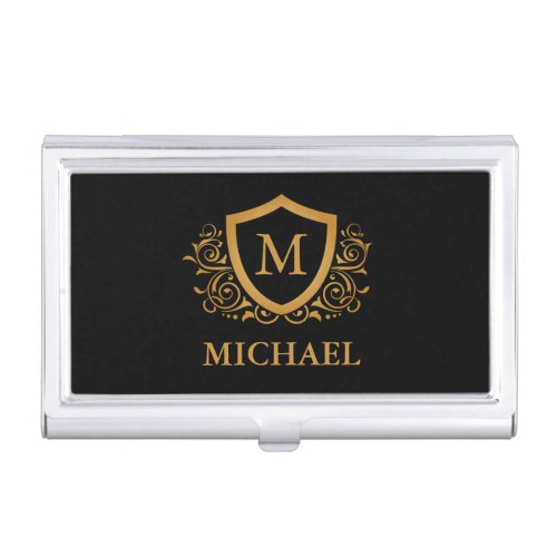 Black and Gold Personalized Stylish Monogram Name Business Card Case