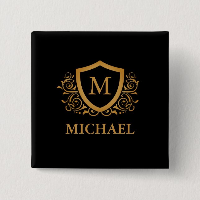 Black and Gold Personalized Stylish Monogram Name Button (Front)