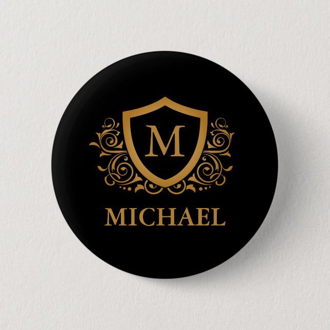 Black and Gold Personalized Stylish Monogram Name Button (Front)