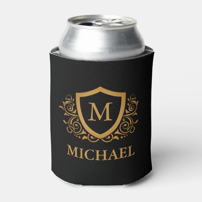 Black and Gold Personalized Stylish Monogram Name Can Cooler (Can Front)