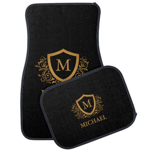 Black and Gold Personalized Stylish Monogram Name Car Floor Mat