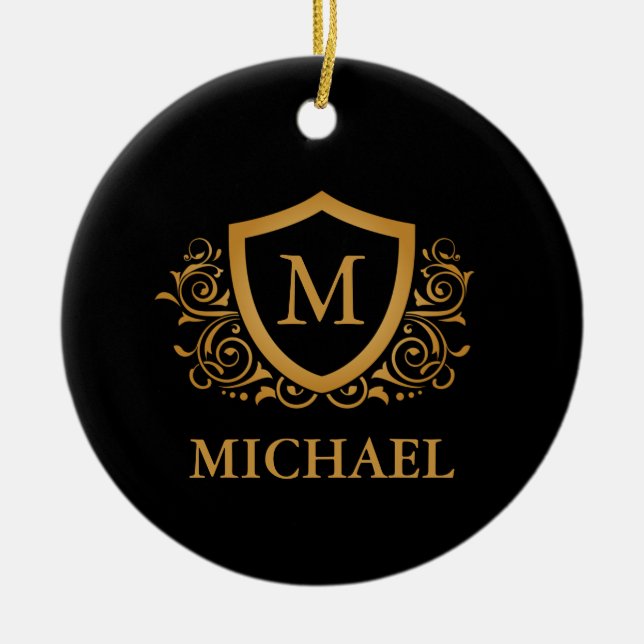 Black and Gold Personalized Stylish Monogram Name Ceramic Ornament (Front)