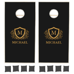Black and Gold Personalized Stylish Monogram Name Cornhole Set