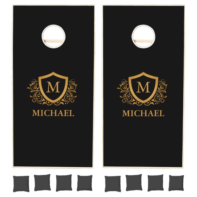 Black and Gold Personalized Stylish Monogram Name Cornhole Set (Set)