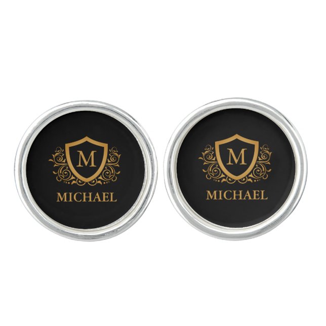 Black and Gold Personalized Stylish Monogram Name Cufflinks (Front)
