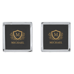 Black and Gold Personalized Stylish Monogram Name Cufflinks