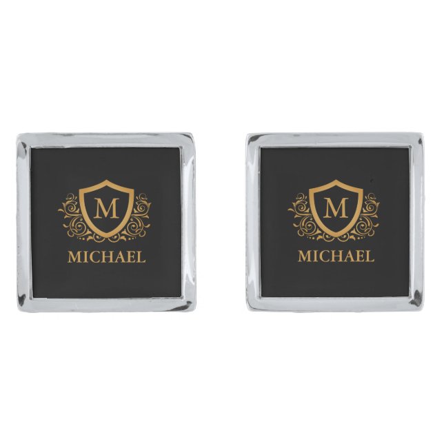 Black and Gold Personalized Stylish Monogram Name Cufflinks (Front)